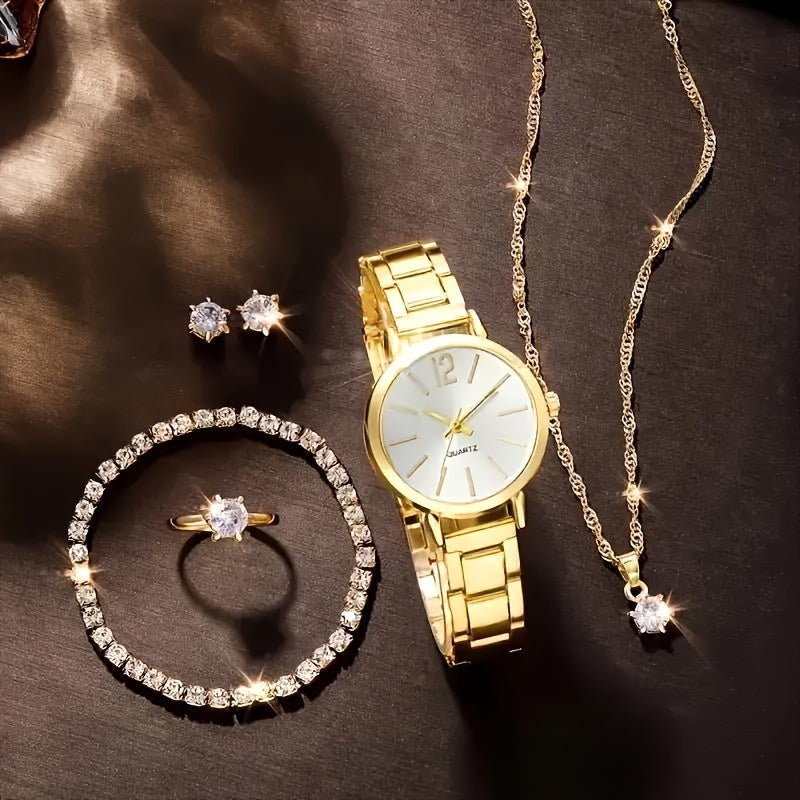Women's Quartz Watch Jewelry Set with Synthetic Gemstones 6-Piece Gift