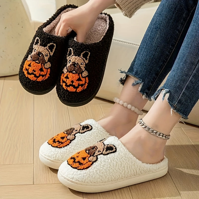 Pantuflas de interior para parejas, patrón de perro de calabaza, tela acogedora, suela antideslizante de TPR