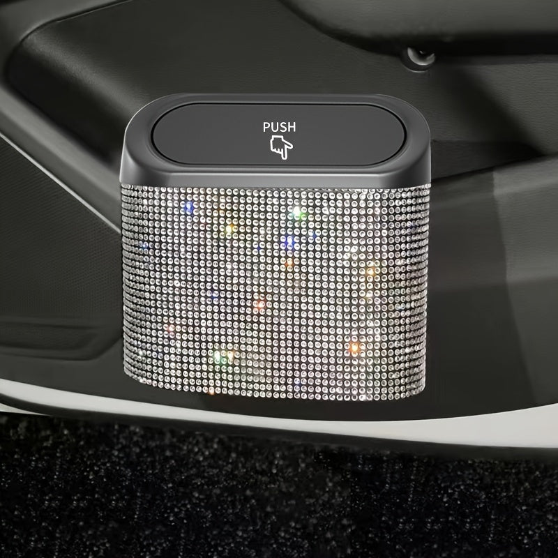 Car Interior Hanging Trash Can with Artificial Rhinestone Inlay Multi-Functional Storage
