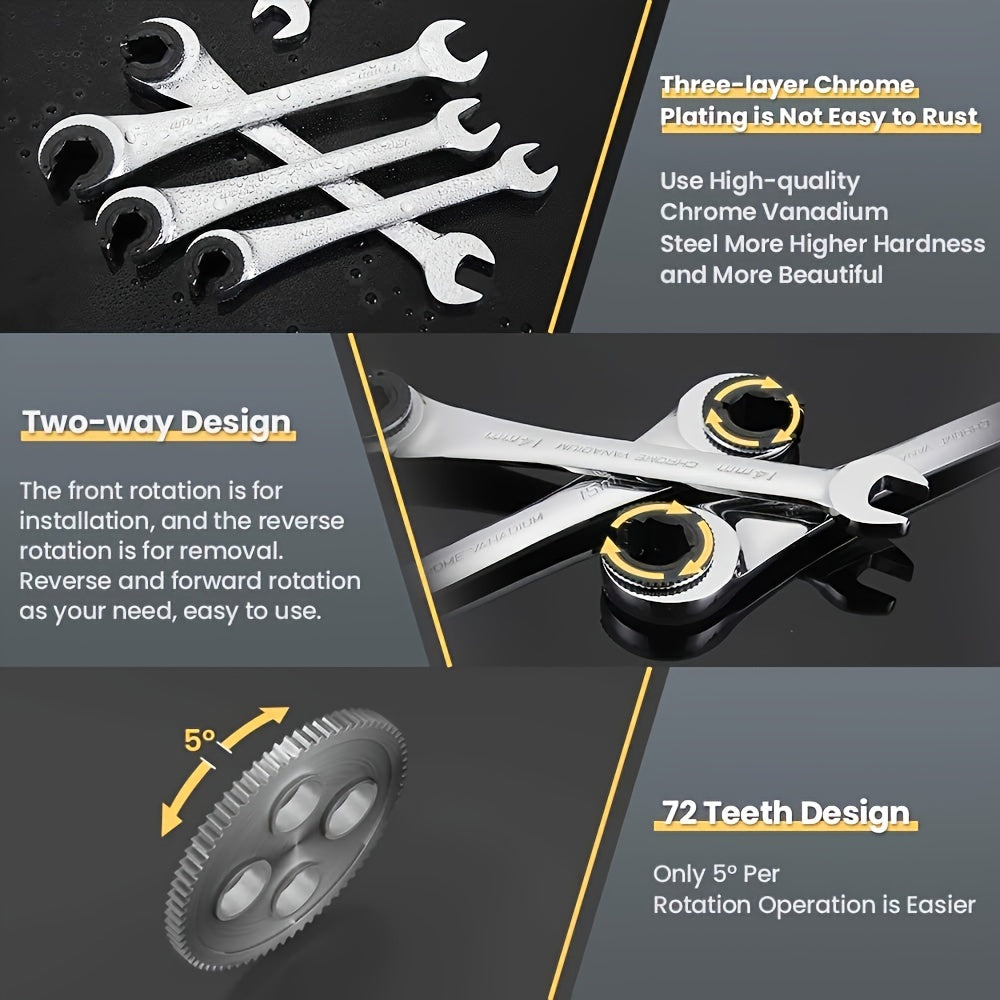 6-Piece Fixed Head Tubing Ratchet Wrench Set Open End Automotive Hand Tools