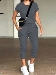 Women's Casual Autumn Slim Fit Round Neck Top and Work Pants Set