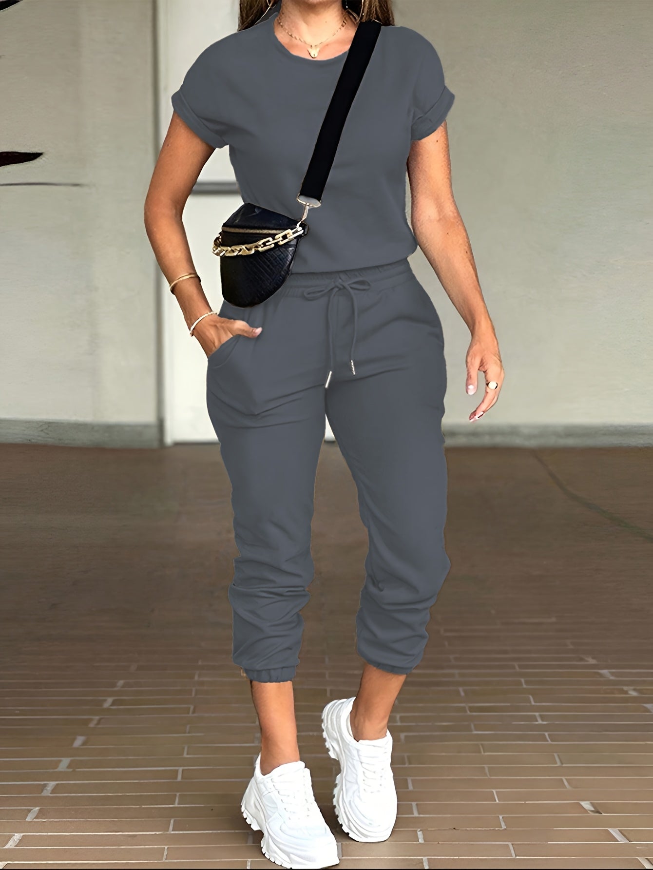 Women's Casual Autumn Slim Fit Round Neck Top and Work Pants Set