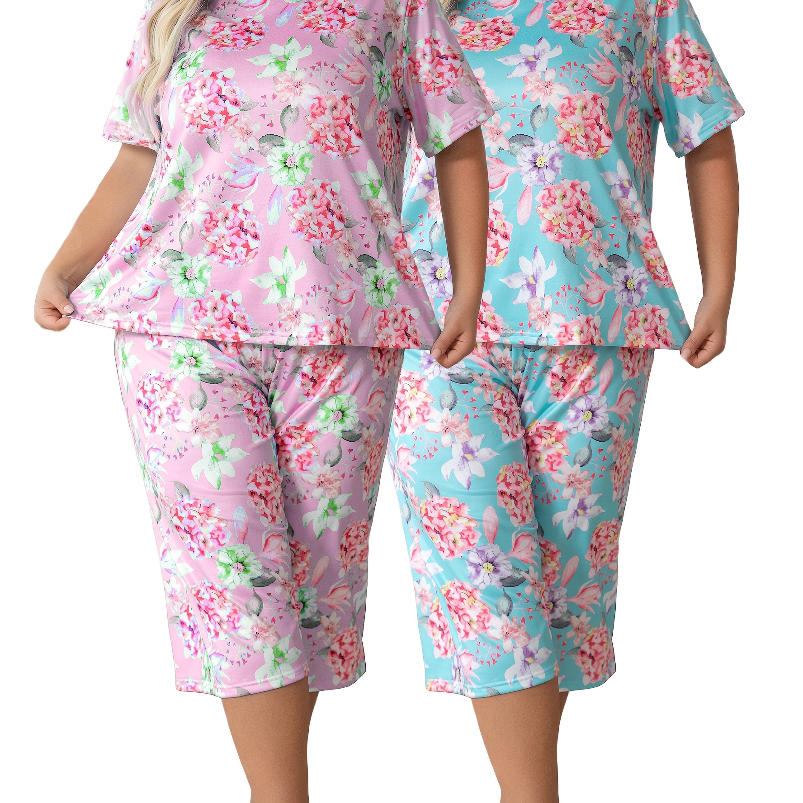 Plus-Size Floral Print Short-Sleeve and Three-Quarter Loungewear Set Comfortable