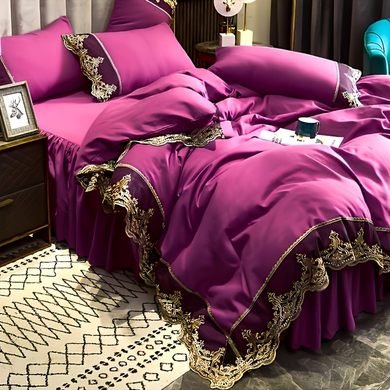 Lace Bedding Set with Quilt Cover and Pillowcases in Multiple Colors Solid Pattern All-Season Polyester