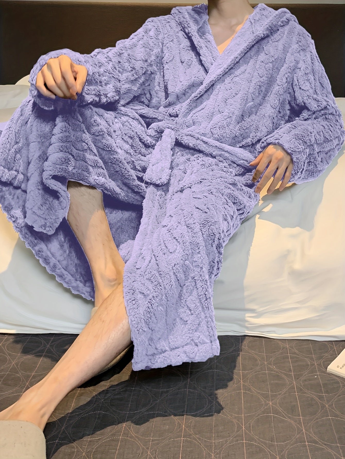 Men's Hooded Fleece Robe with Belt Soft Plush Flannel for Winter Casual Sleepwear
