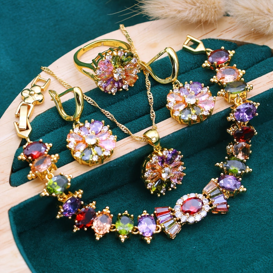 Juego de joyería de 5 piezas con zirconia cúbica chapada en oro para bodas y celebraciones