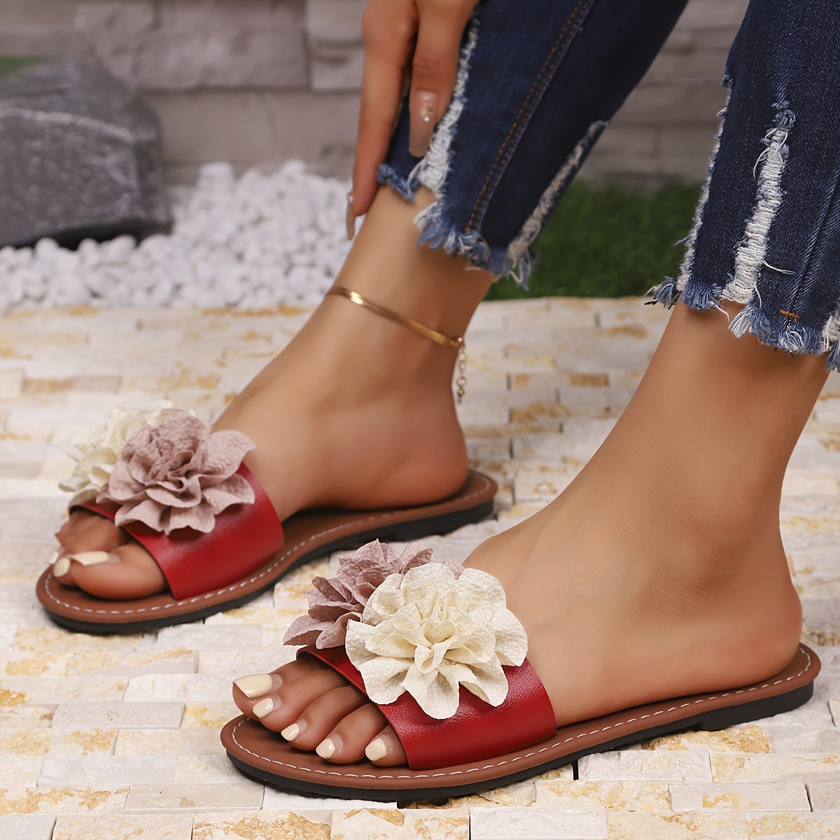Женские цветочные шлепанцы на плоской подошве с открытым носком, повседневные бежевые и коричневые