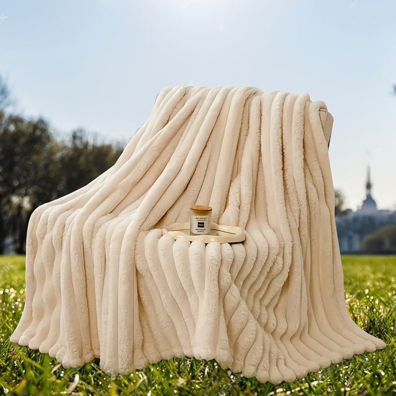 Reversible Rabbit Fur Shawl Blanket Cozy Warm for Napping Camping Sofa Use