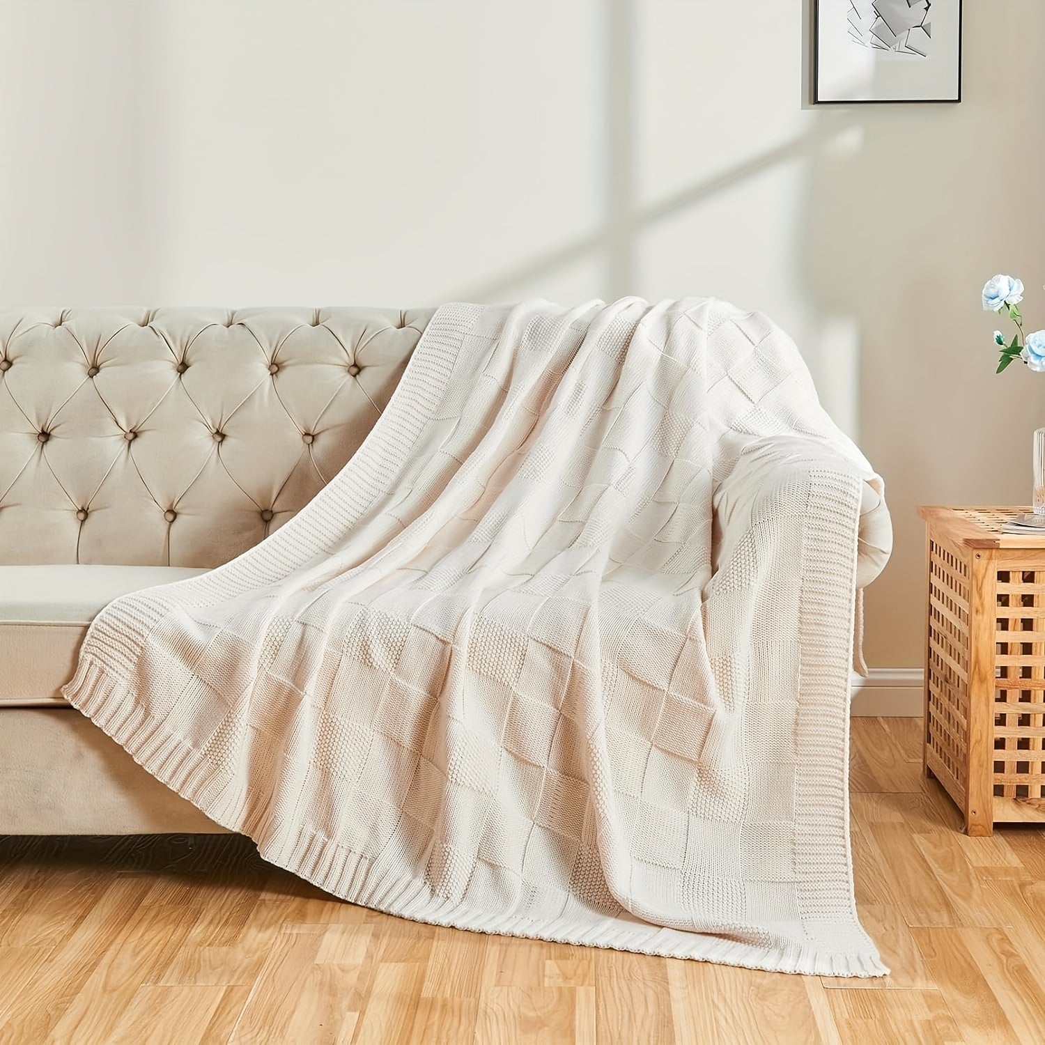 Cozy White Checkered Knit Throw Blanket for Couch and Bed