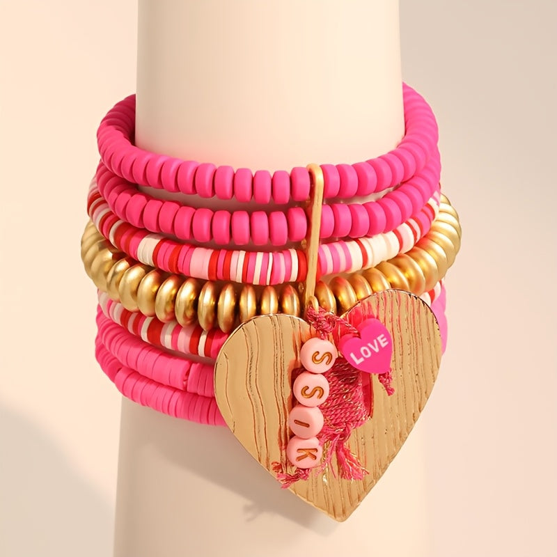 Pink Resin Beaded Heart Pendant Bracelet Bohemian Style for Women