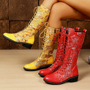 Women's Embroidered Combat Boots All-Season Knee-High Block Heel Rubber Sole