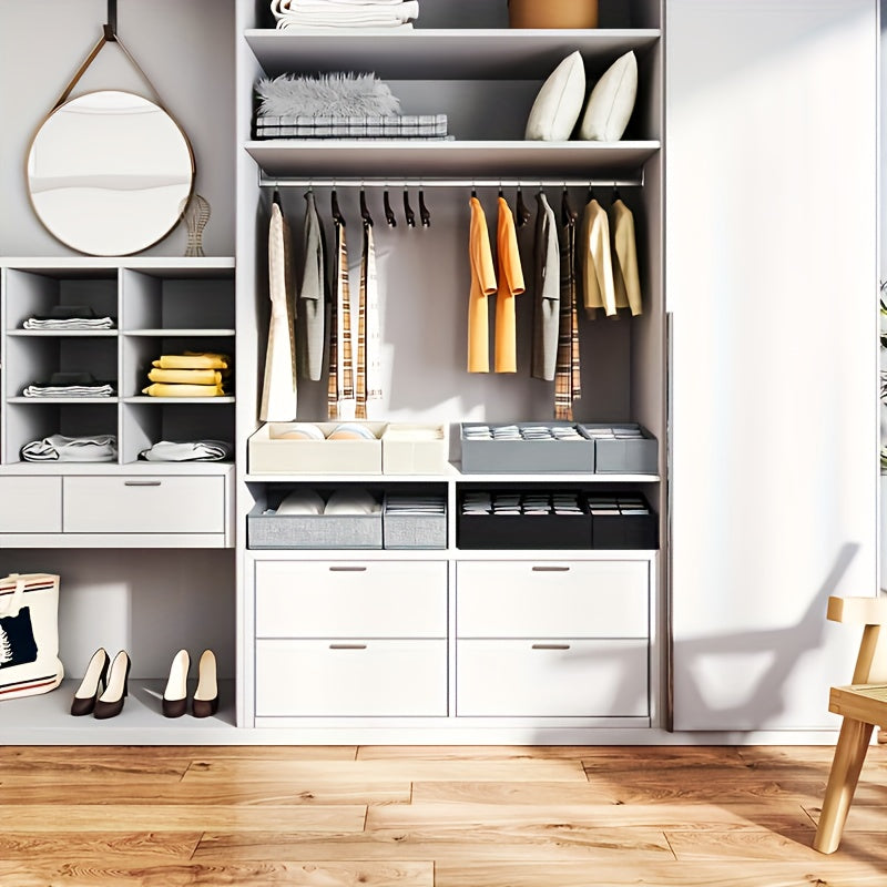 4 ta yig'iladigan saqlash qutilari o'lchami 64.01 sm X 49.0 sm X 10.01 sm. Kiyimlar, paypoqlar, kamarlar va uy bezaklarini tartibga solish uchun ideal.