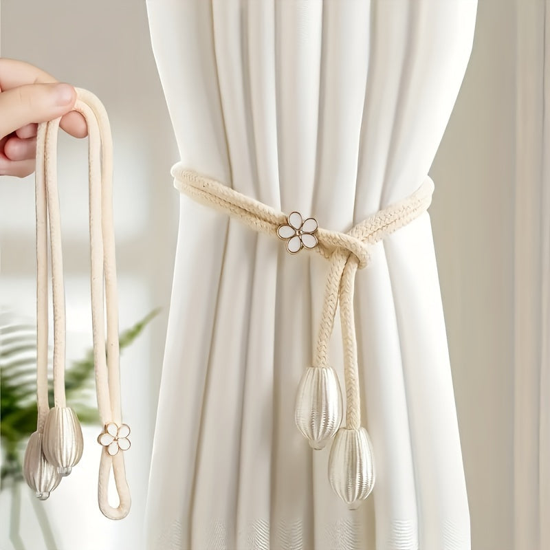 Boho Style Polyester Curtain Tiebacks with Adjustable Rope and Floral Buckle Set