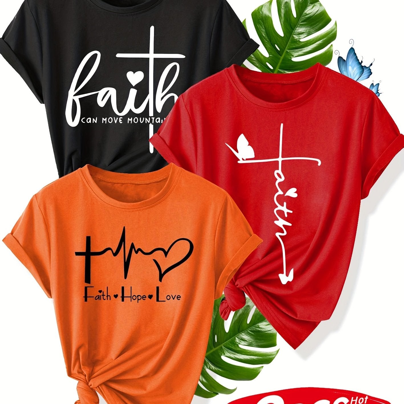 Pack de 3 camisetas gráficas de fe para mujer de manga corta con cruz y corazón para verano casual