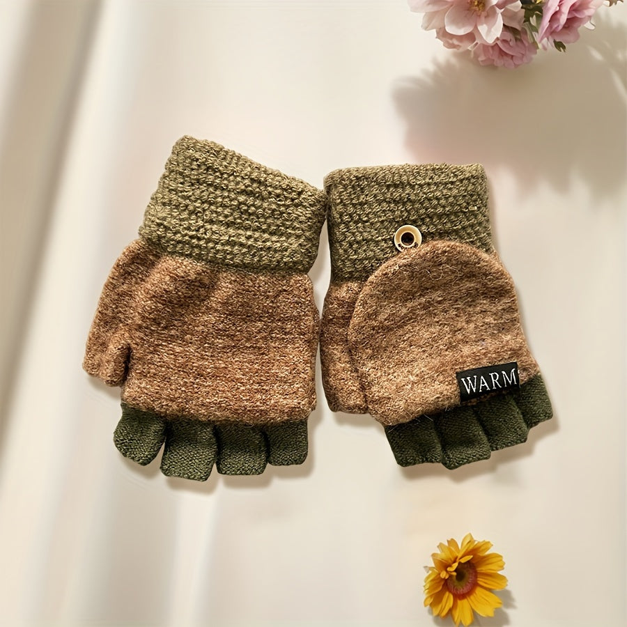 Women's Convertible Knit Gloves Windproof Cold-Resistant Cashmere Half-Finger with Flip Cover