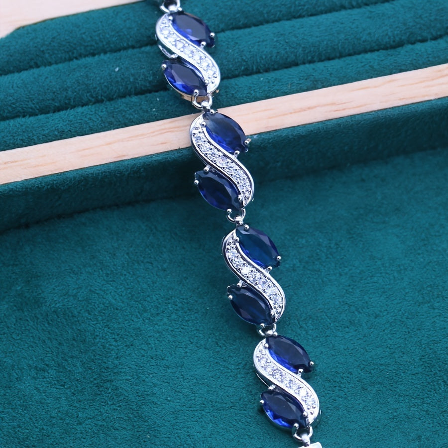 Медный ювелирный набор с синтетическими голубыми драгоценными камнями, платиновое покрытие, ожерелье, кольцо, серьги, браслет, 5 предметов