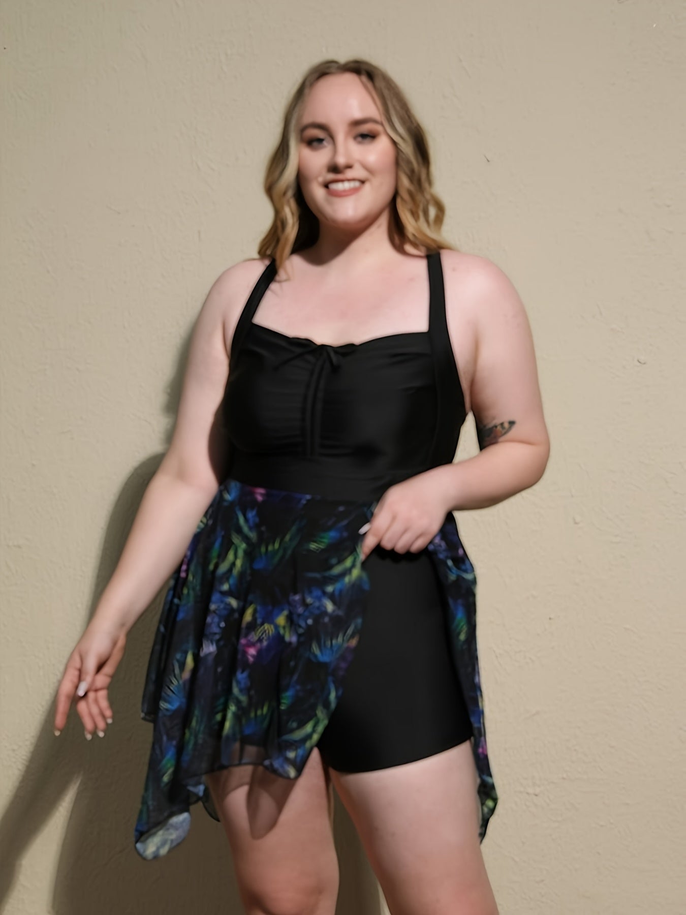 Plus Size Lace-Up Front Skirted Swimsuit with Removable Padding and Contrast Mesh