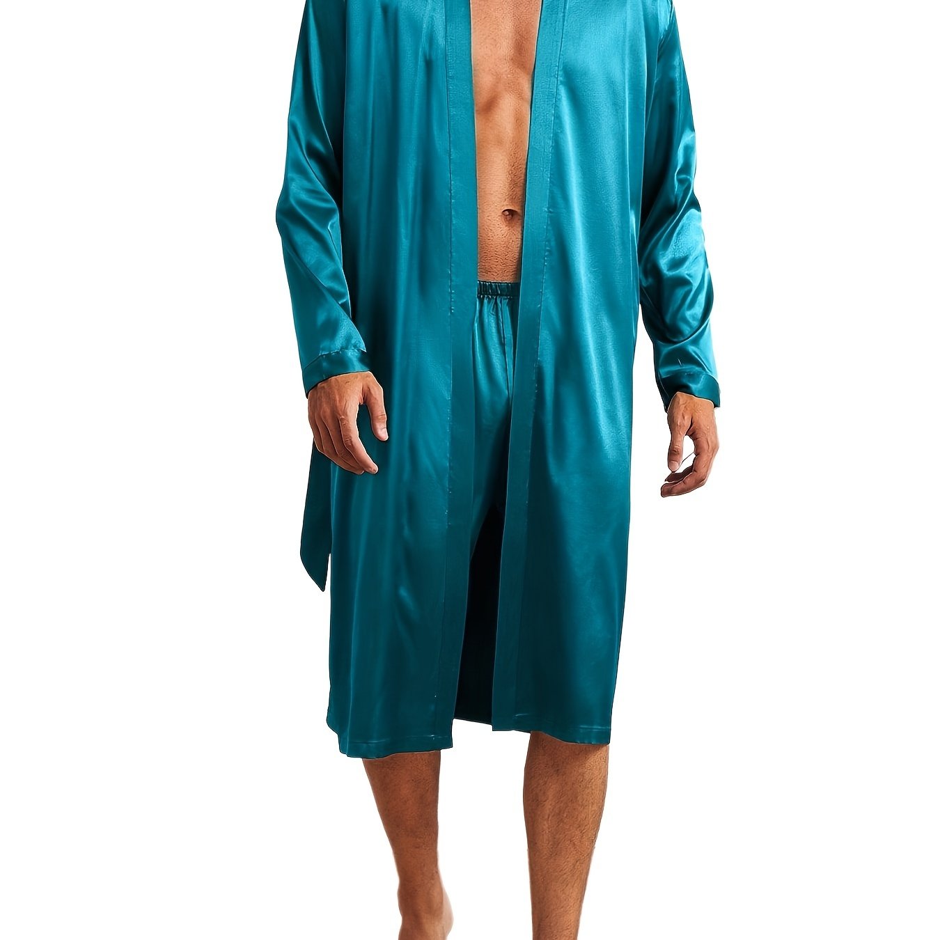 Men's Satin Casual Pajama Sets with Solid Robe and Loose Shorts