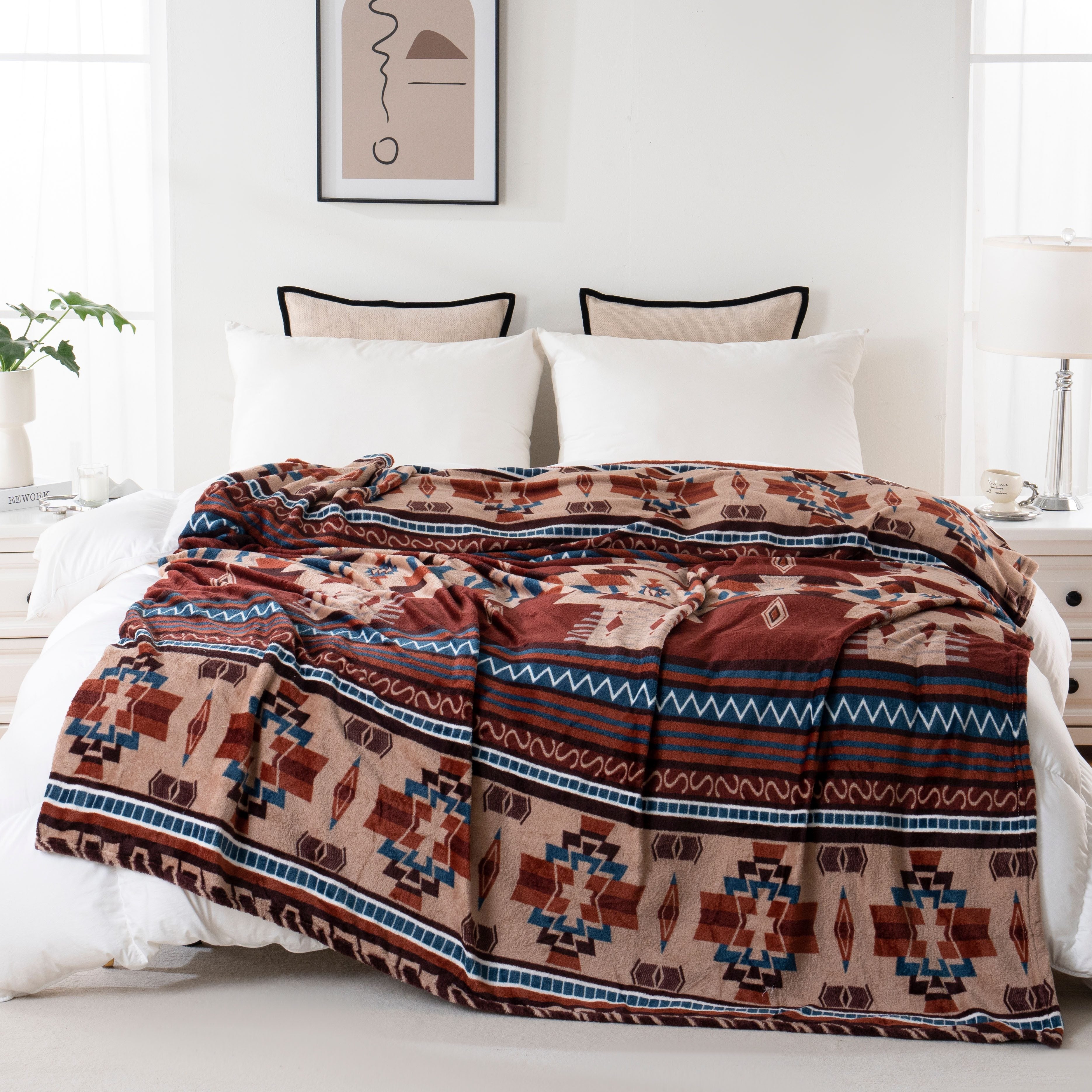Manta de franela boho-chic de 200GSM suave, cálida y ligera para sofá, cama y viajes