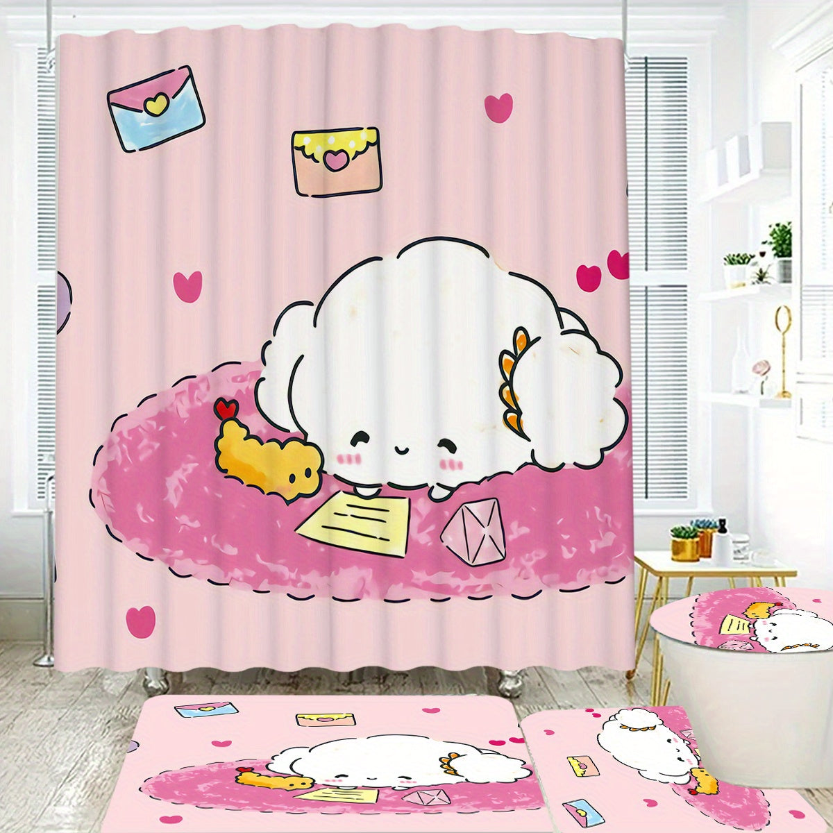Set of 4 Cartoon Shower Curtains with Hello Kitty My Melody Kuromi Little Twin Stars Waterproof Polyester Bath Decor