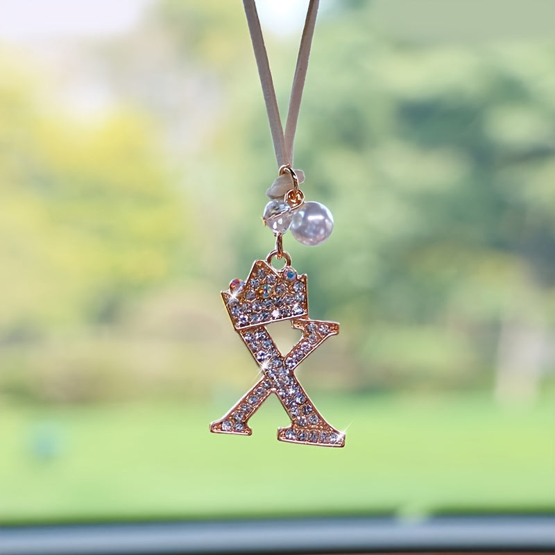 Alphabet Car Mirror Charm Set with Sparkling Crown Pendants for Vehicle Decoration
