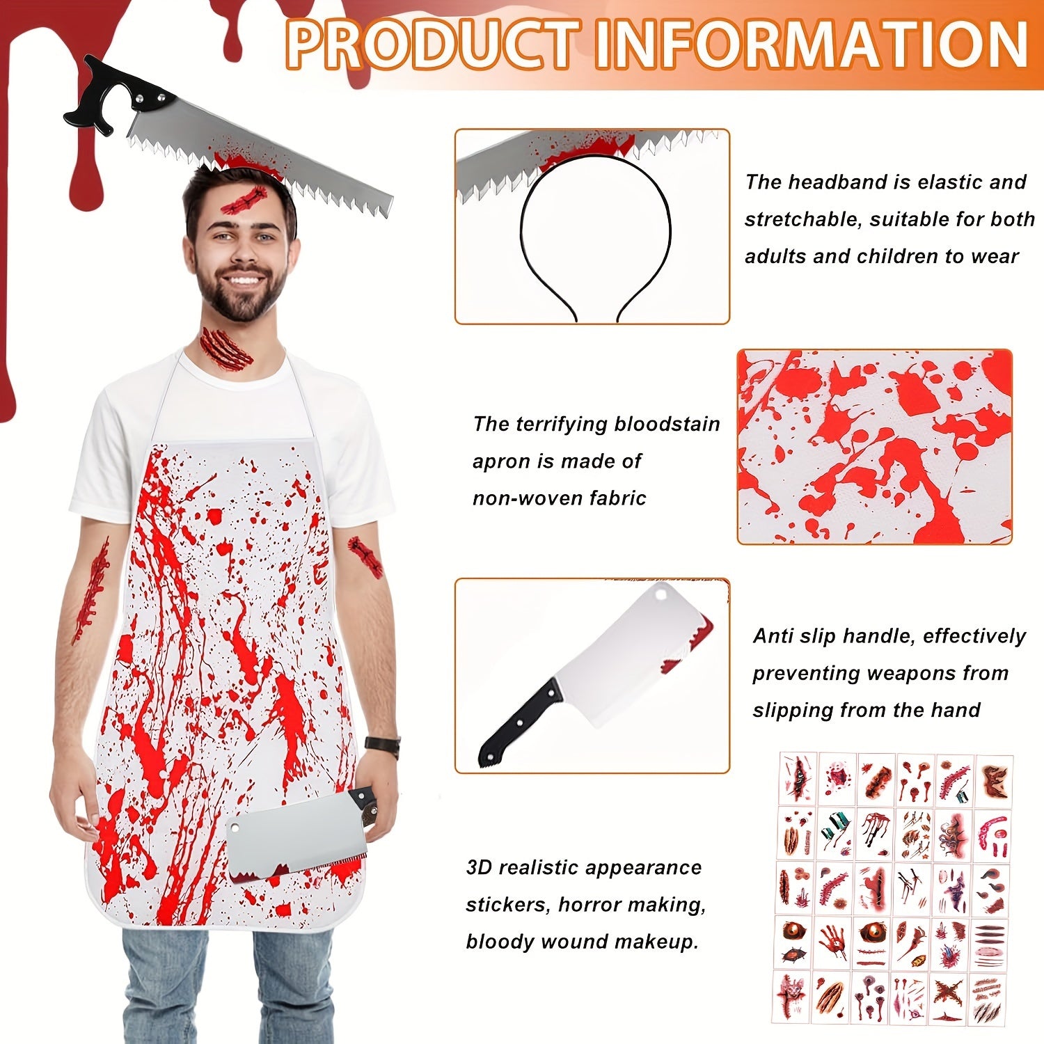 Unisex Halloween Knife Hair Band and Bloody Apron Costume Set for Adults