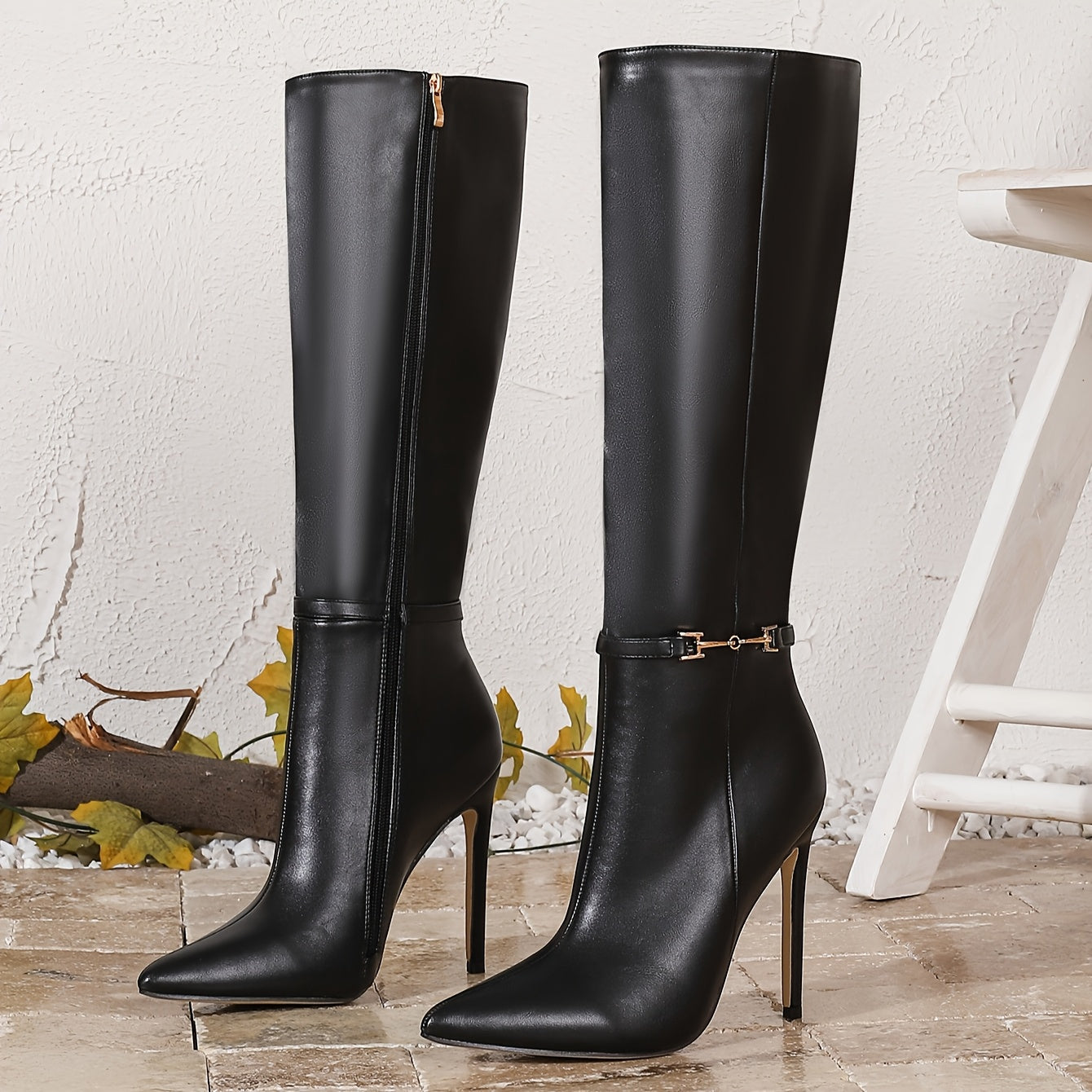 Women Black High-Heel Knee-High Boots Pointed Toe Zipper Synthetic