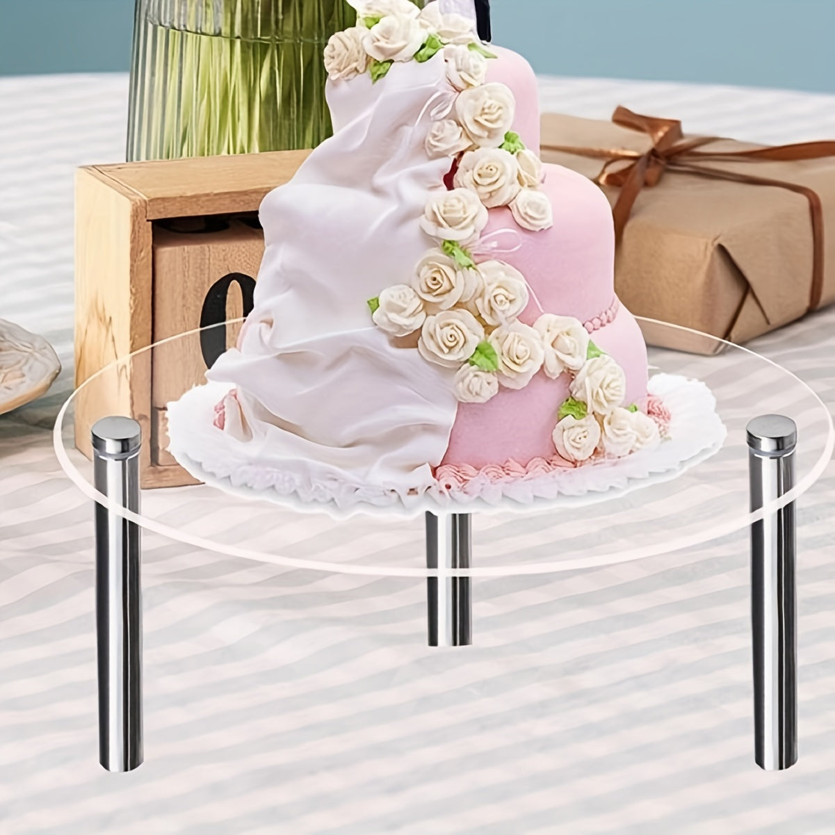Transparent Acrylic 3-Tier Cake Stand with Metal Poles for Weddings and Parties