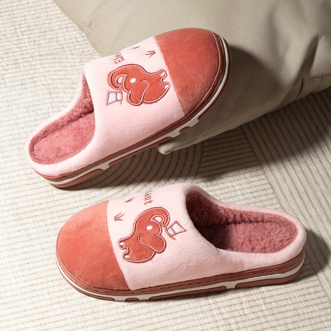 Women's Plush Slip-On Slippers with Elephant Cartoon Soft Fabric Grey Pink