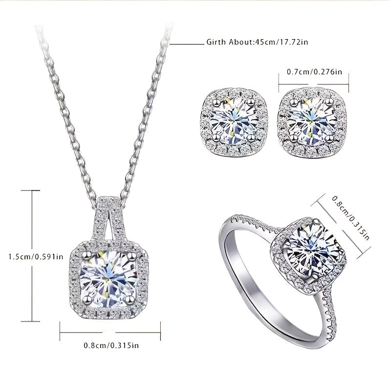 Three-Piece Moissanite Jewelry Set Necklace Earrings Ring for Girls Evening Dress