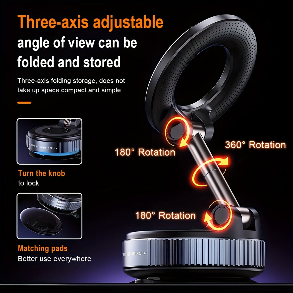 Adjustable Foldable Magnetic Car Phone Holder ABS Round 360° Rotatable Vacuum Suction