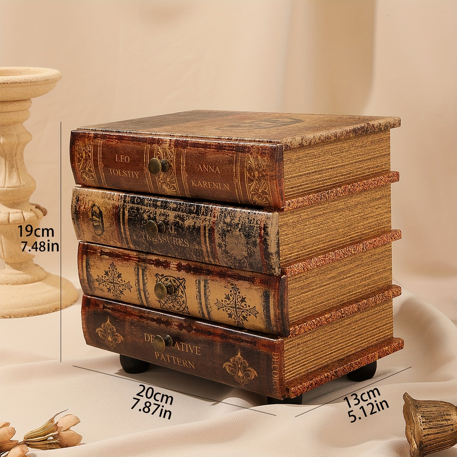 Vintage-Inspired 4-Tier Book-Shaped Jewelry Storage Box Deep Brown Wood