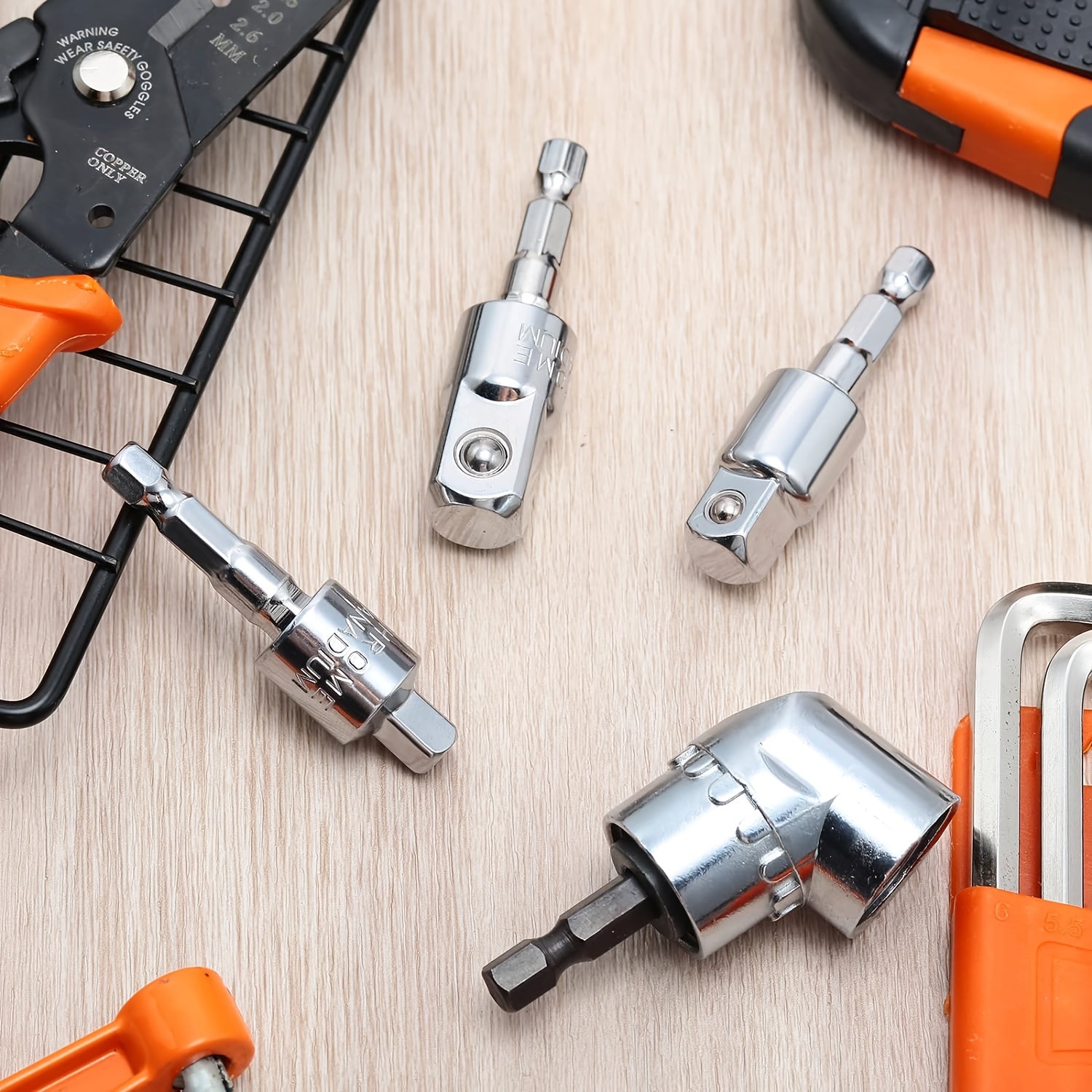 4-Piece Impact Driver Socket Set with 360° Rotatable Hex Shank and 105° Right Angle Holder Chrome Vanadium Steel