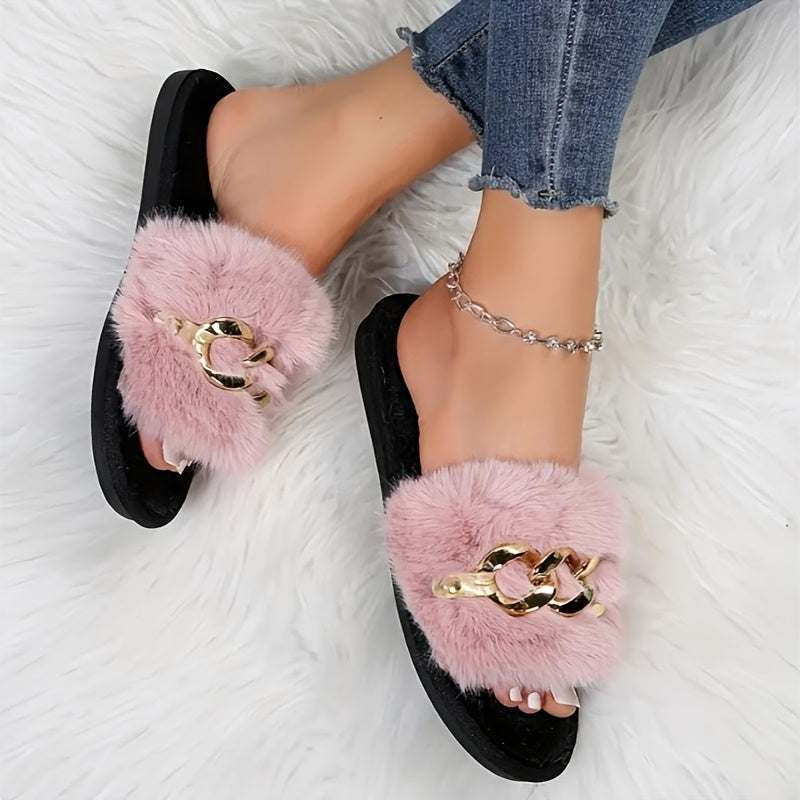 Women’s Faux Fur Slip-On Slides with Chain Link Detail and TPR Sole