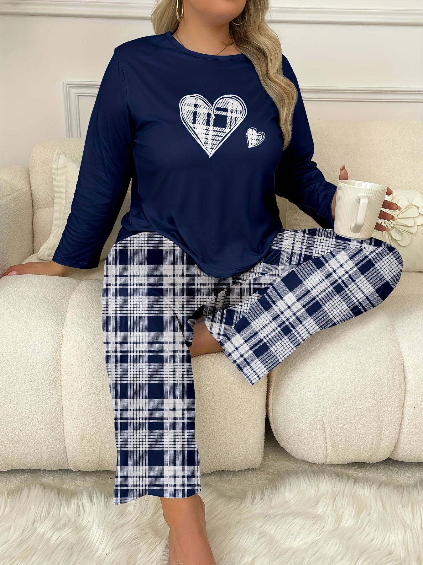Plus Size Women's Pajama Set Heart Print Long Sleeve Top Plaid Pants Loungewear