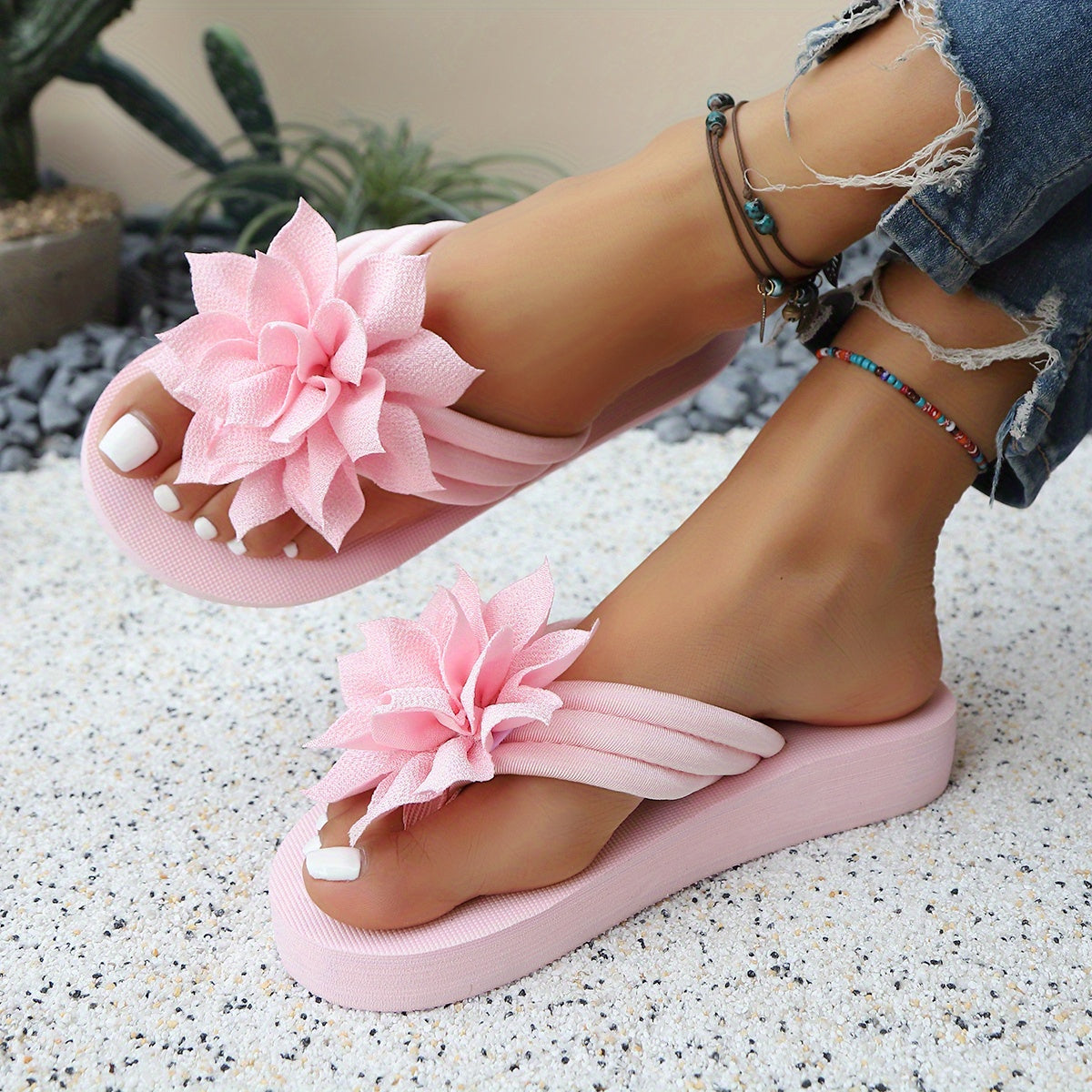 Women's Plus Size Floral Slip-On Slippers Pink Flower EVA Sole Indoor Outdoor