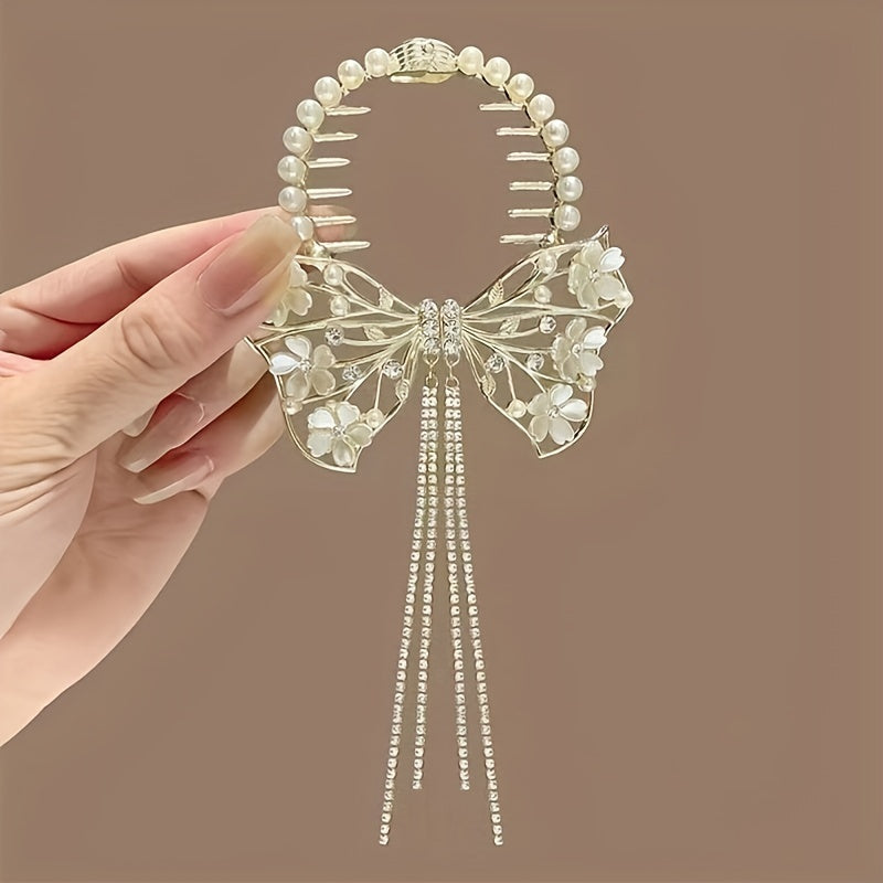 Beautiful Hair Accessory: Delicate Metal Hair Clip with Intricate Butterfly and Flower Design, Imitation Pearl Accents, Sparkling Rhinestones, and Tassel Ball Details
