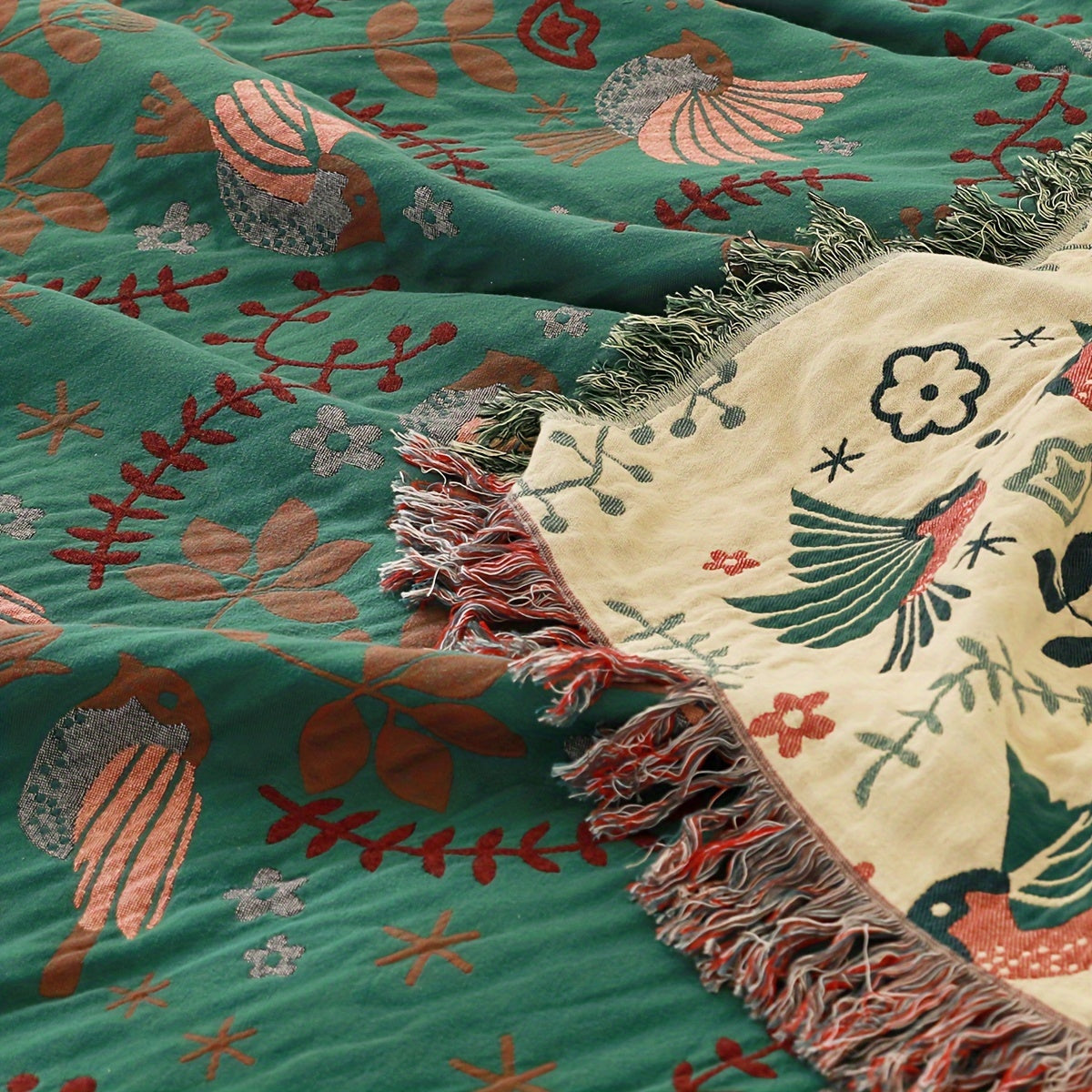 Cotton Gauze Throw Blanket with Spring Bird and Leaf Pattern for Sofa Bed Farmhouse Decor