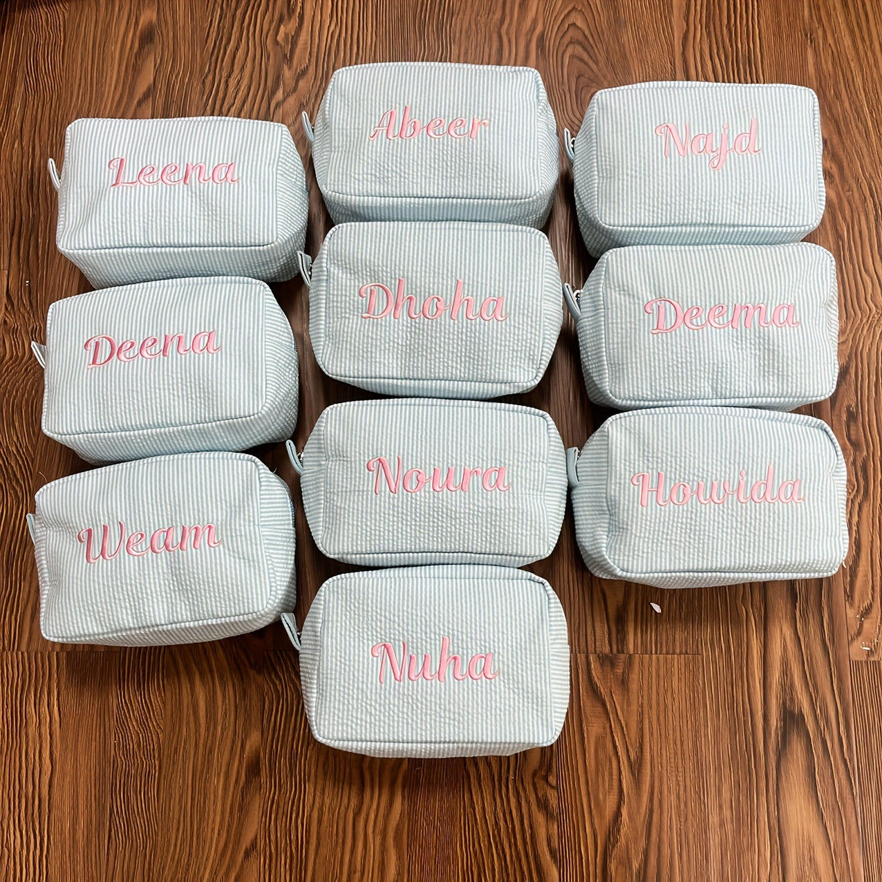 Neceser de maquillaje de lona a rayas bordada para niñas y adolescentes, azul, con cremallera, organizador de viaje