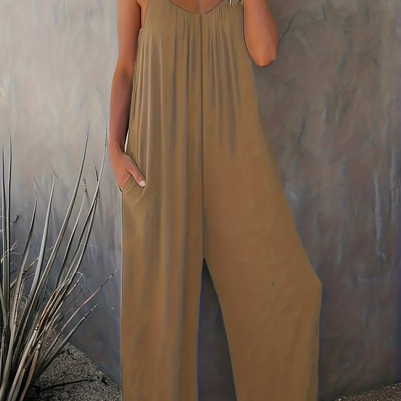 Plus Size Women Solid V Neck Wide Leg Summer Cami Jumpsuit