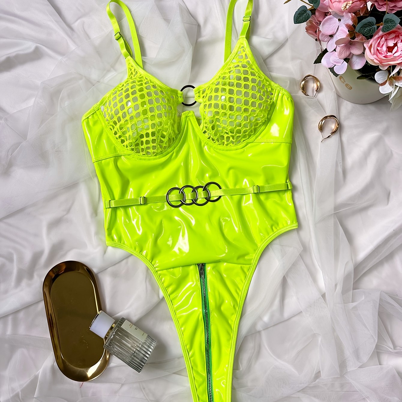 Body de mujer con patrón de rejilla hueca y patchwork, traje de cuerpo sexy y a la moda para ropa