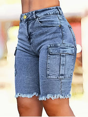 Plus Size Womens Denim Cargo Shorts With Frayed Hem Casual Summer