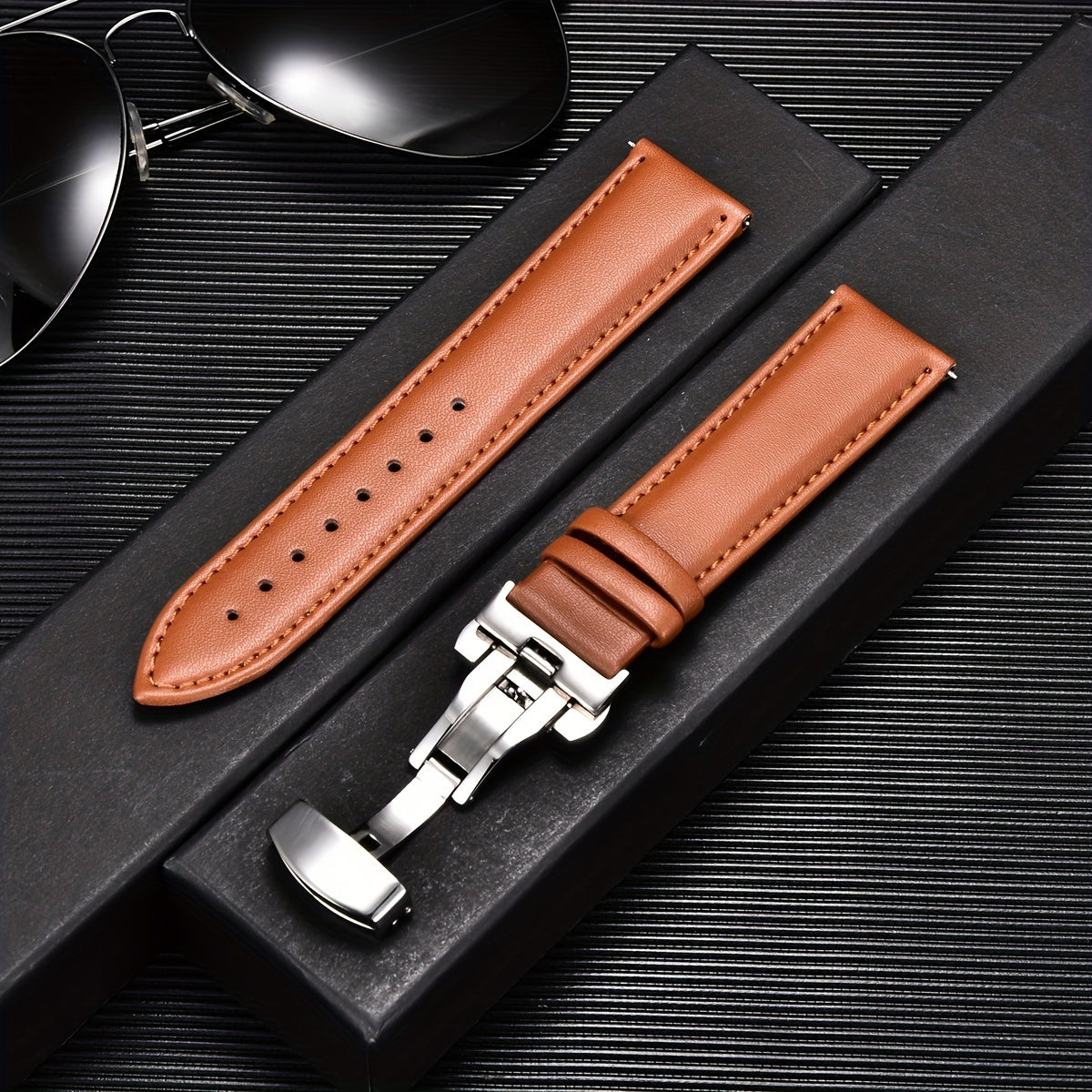 Double Press Solid Butterfly Buckle PU Leather Watch Strap 18mm 20mm 22mm 24mm