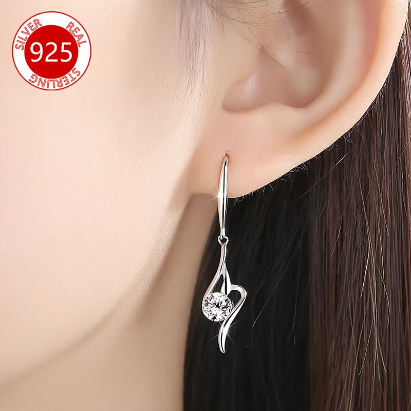 Sterling Silver Dangle Earrings with Clear Zirconia Stones for Women