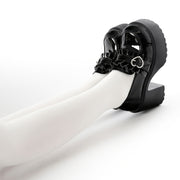 Women's Black Platform Loafers with Heart Buckle Chunky Heel