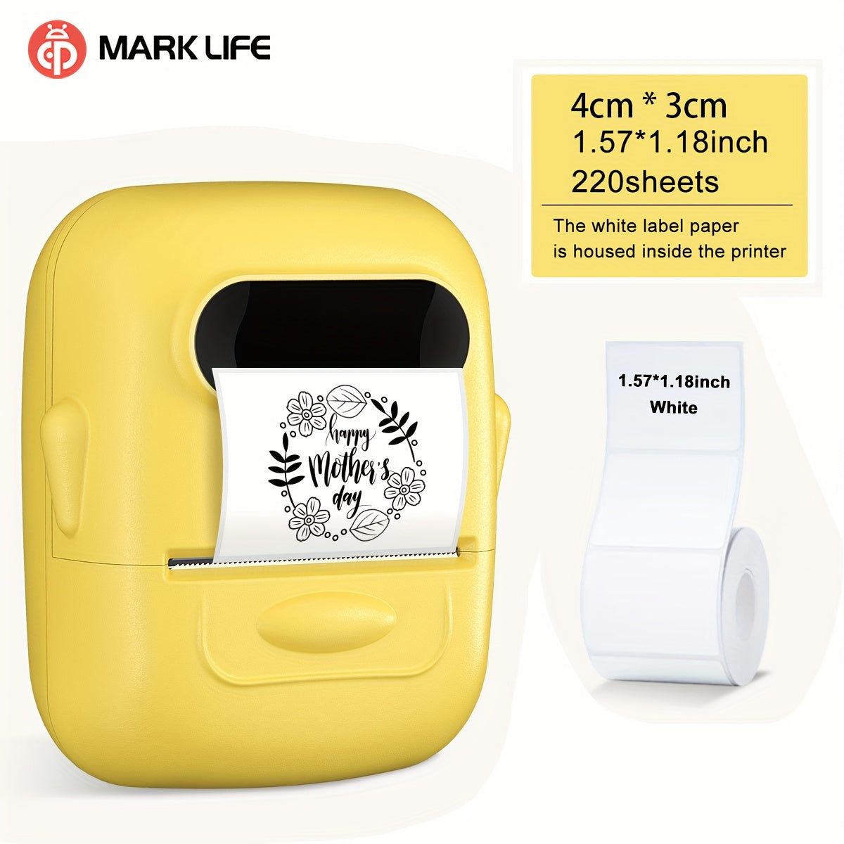 Makrlife P50 Termal Etiket Yozuvchisi, Barcode, QR Kodu, Zargarlik va Chakana Kiyim Teglari uchun Portativ Simsiz Printer; Android va iOS bilan mos keladi; 1 Rulon 40*30mm Oq Stickerni o'z ichiga oladi.