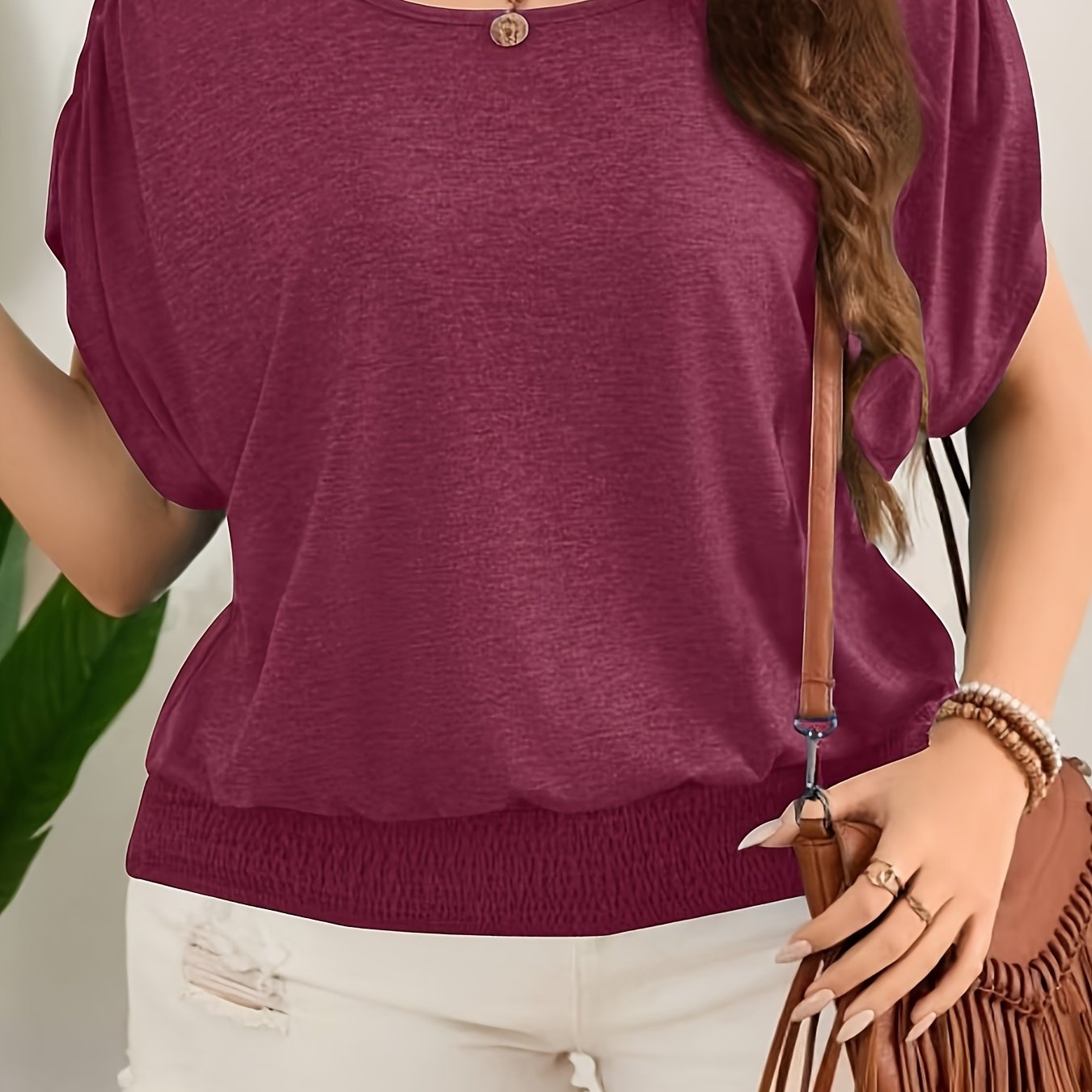 Ayollar uchun keng ko'lamli kundalik T-shirt, bir rangli, qisqa qo'l, to'qima mato bilan teksturali
