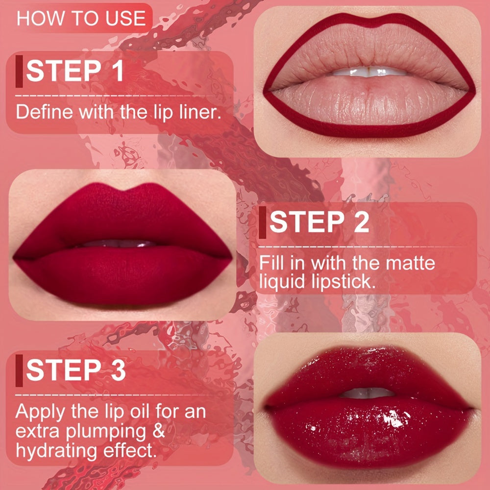 DUNUF 3-in-1 Lab Seti, barcha teri turlari uchun mos va suv o'tkazmaydigan, velvety mat lab bo'yoqlari, lab qalamchasi va lab yog'ini o'z ichiga oladi.