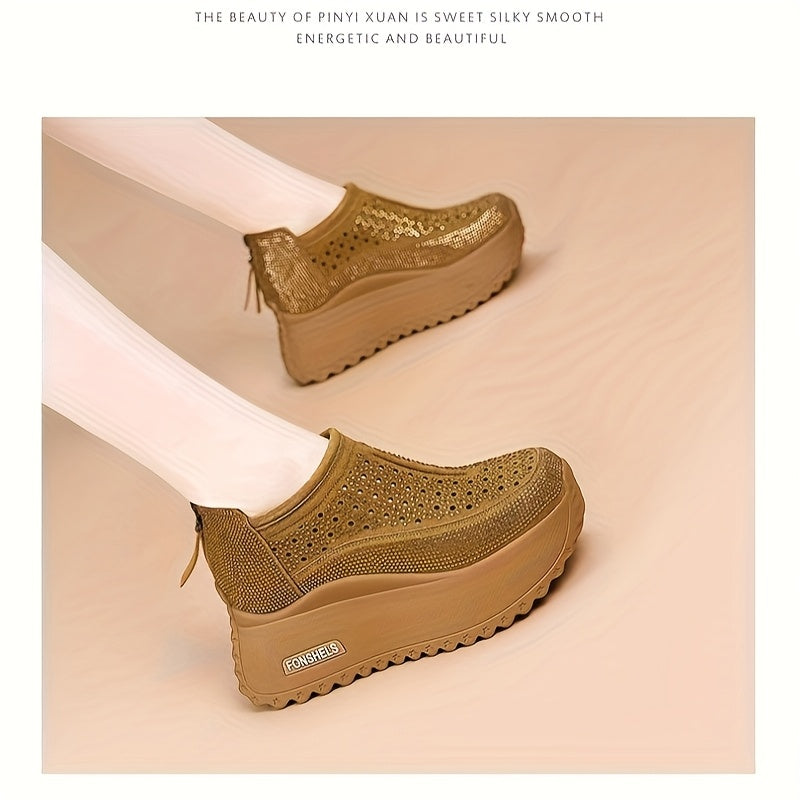Women's Breathable Cut-Out Platform Shoes with Rhinestones Beige Summer Footwear