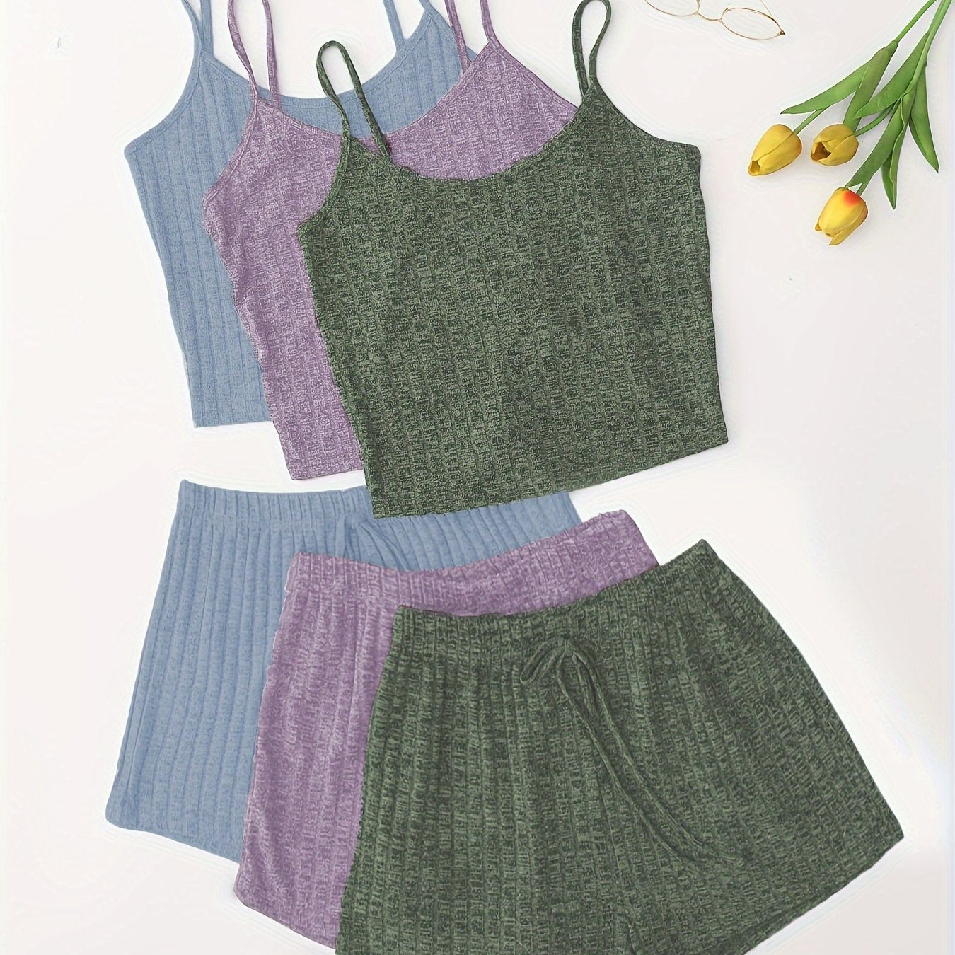 Women's 3-Piece Pajama Set Solid Cami Top Lace-Up Shorts Sleepwear Lounge Wear